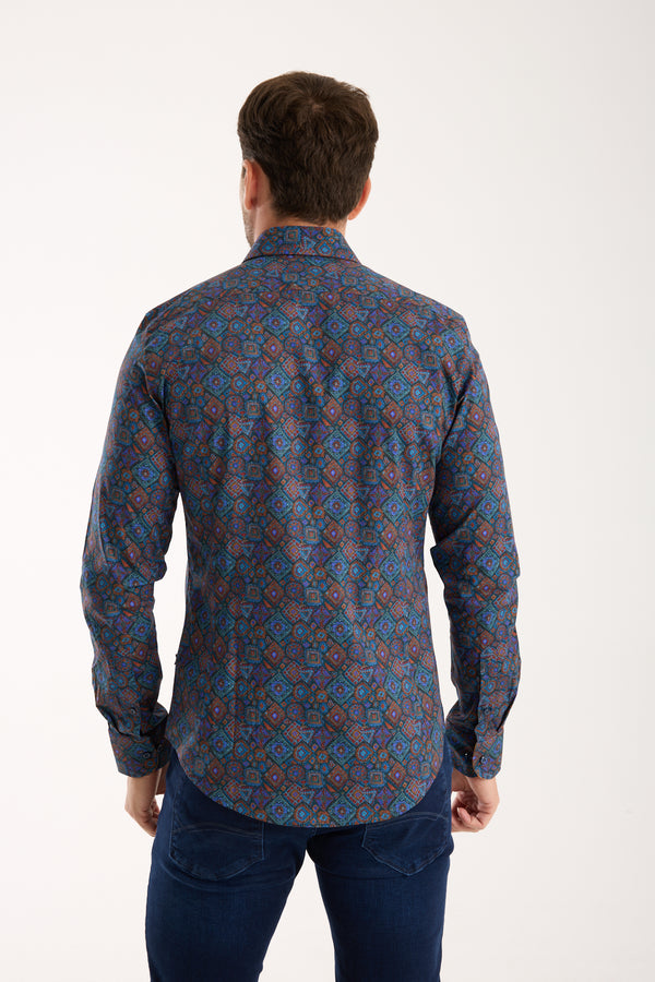 Camisa Hombre Firenze Sport Popelin Stretch Azul Naranja
