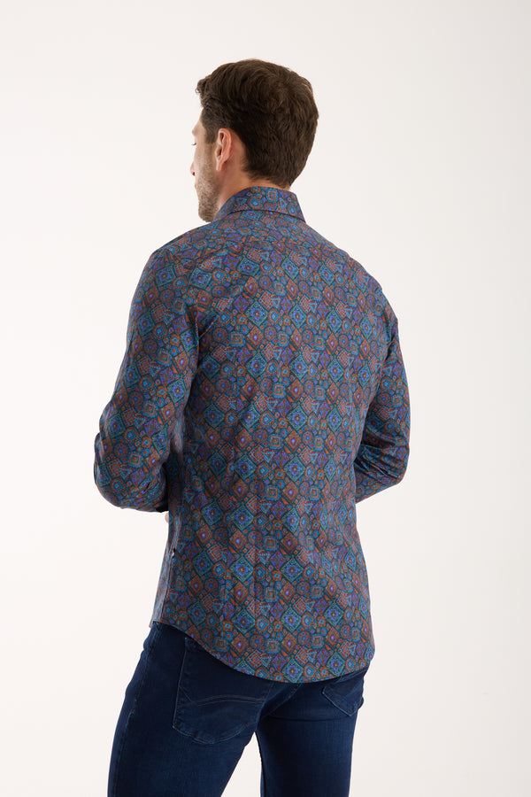 Camisa Hombre Firenze Sport Popelin Stretch Azul Naranja
