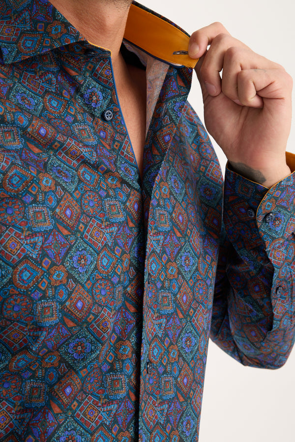 Camisa Hombre Firenze Sport Popelin Stretch Azul Naranja