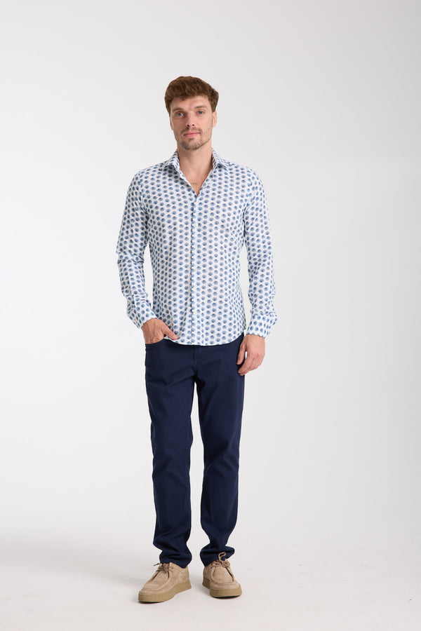 Firenze Essential Herren Hemd Leinen Weiss Blau