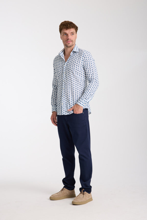 Firenze Essential Herren Hemd Leinen Weiss Blau