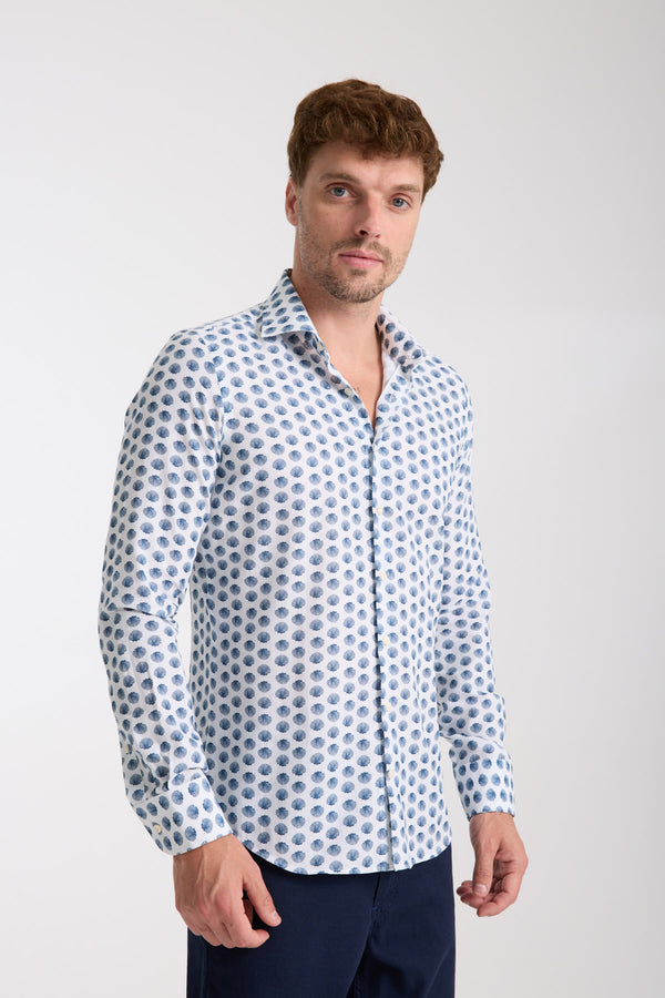Firenze Essential Herren Hemd Leinen Weiss Blau