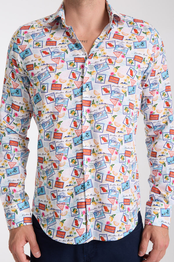 Camicia Uomo Firenze Essential Lino Bianco Celeste