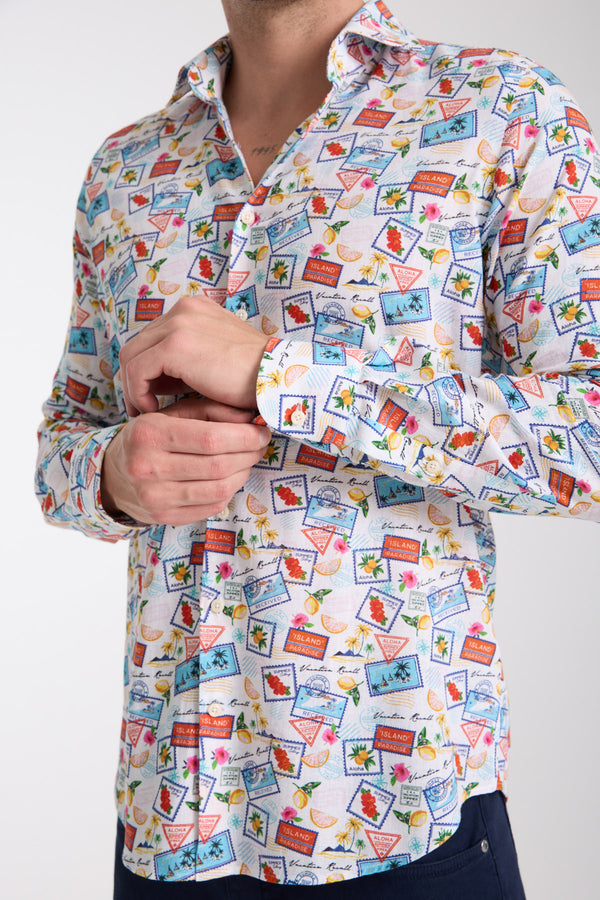 Camicia Uomo Firenze Essential Lino Bianco Celeste