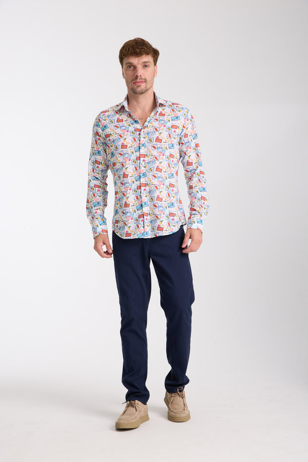 Camicia Uomo Firenze Essential Lino Bianco Celeste