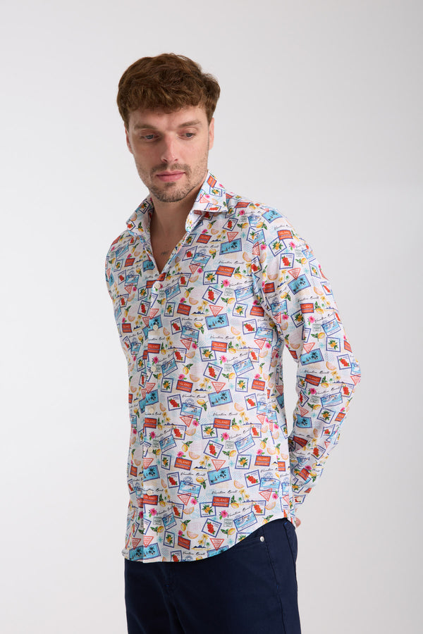 Camicia Uomo Firenze Essential Lino Bianco Celeste