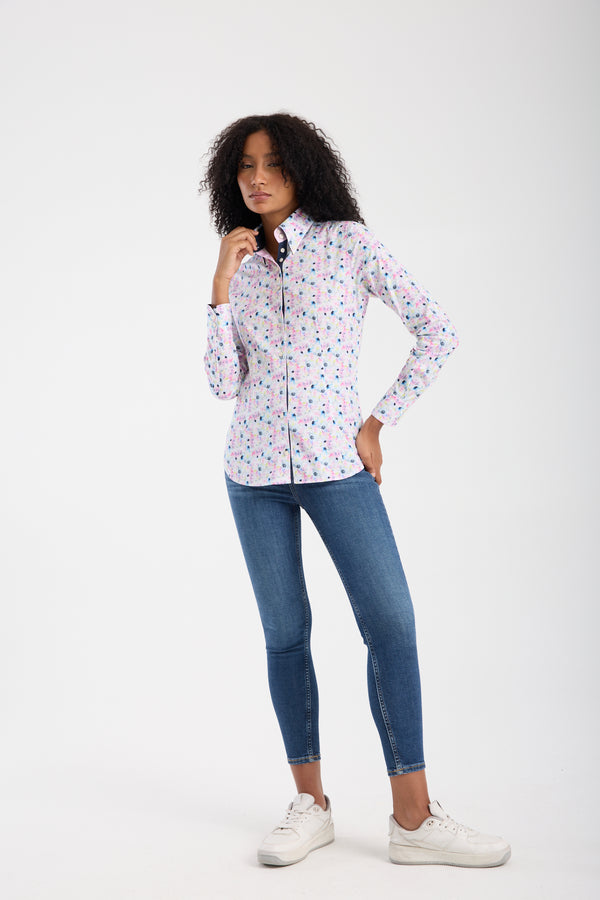 Silvia Iconic Damen Hemd Poplin Stretch Weiss Rosa