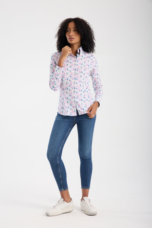 Silvia Iconic Damen Hemd Poplin Stretch Weiss Rosa