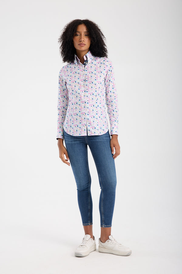 Silvia Iconic Damen Hemd Poplin Stretch Weiss Rosa