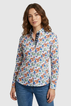 Silvia Iconic Damen Hemd Poplin Stretch Weiss Blau