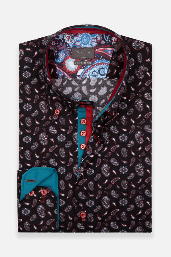 Camisa Hombre Roma Iconic Popelin Stretch Negro Rojo