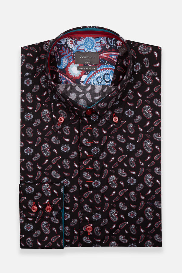 Camisa Hombre Roma Iconic Popelin Stretch Negro Rojo