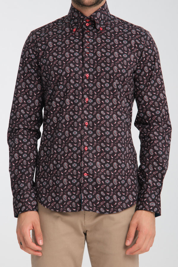 Camisa Hombre Roma Iconic Popelin Stretch Negro Rojo