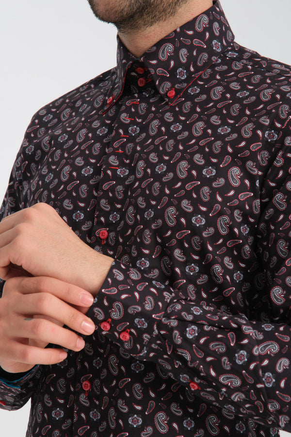 Camisa Hombre Roma Iconic Popelin Stretch Negro Rojo