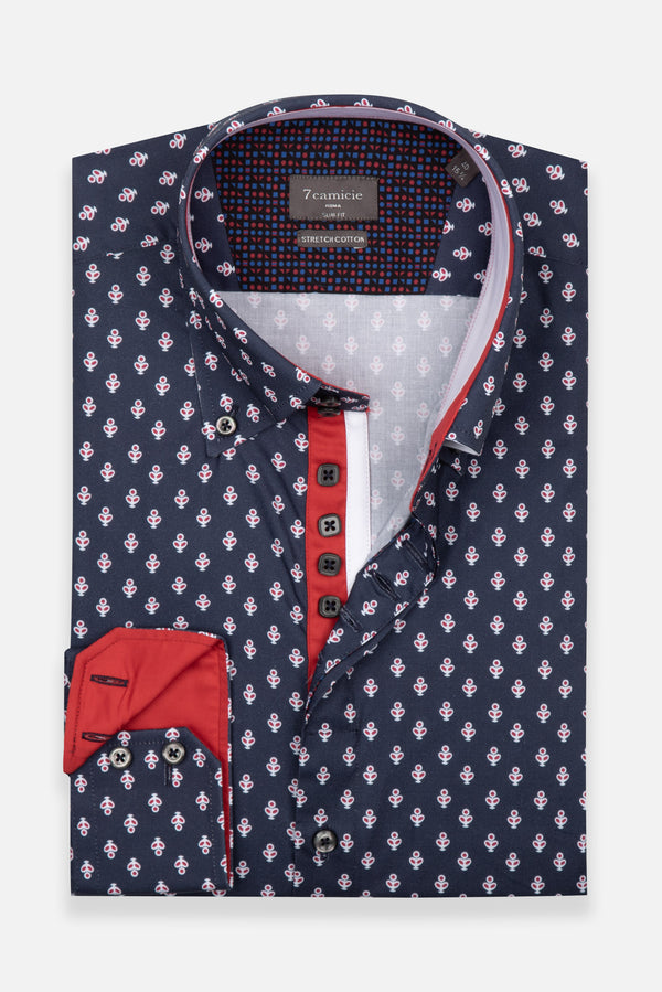 Camicia Uomo Roma Iconic Popelin Stretch Blu Rosso