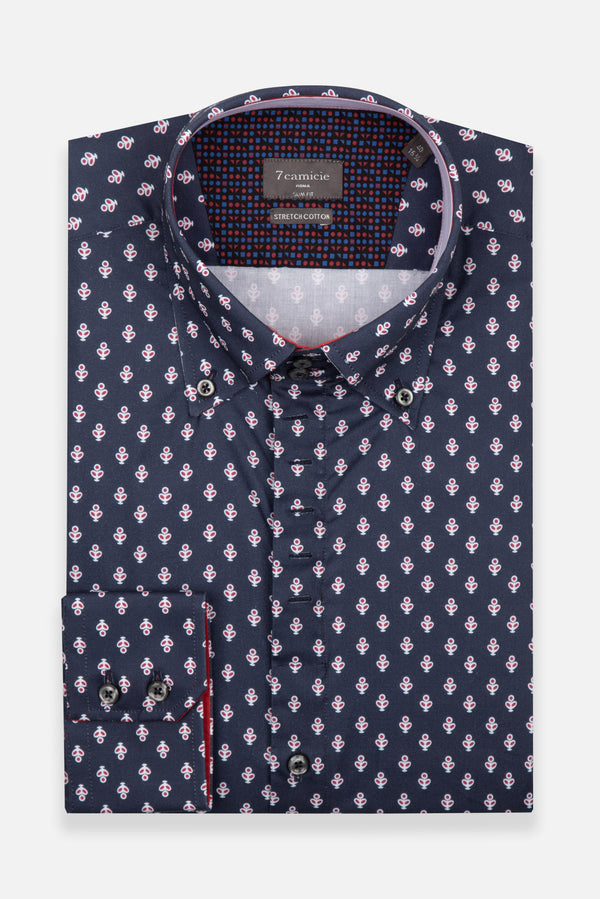 Camicia Uomo Roma Iconic Popelin Stretch Blu Rosso