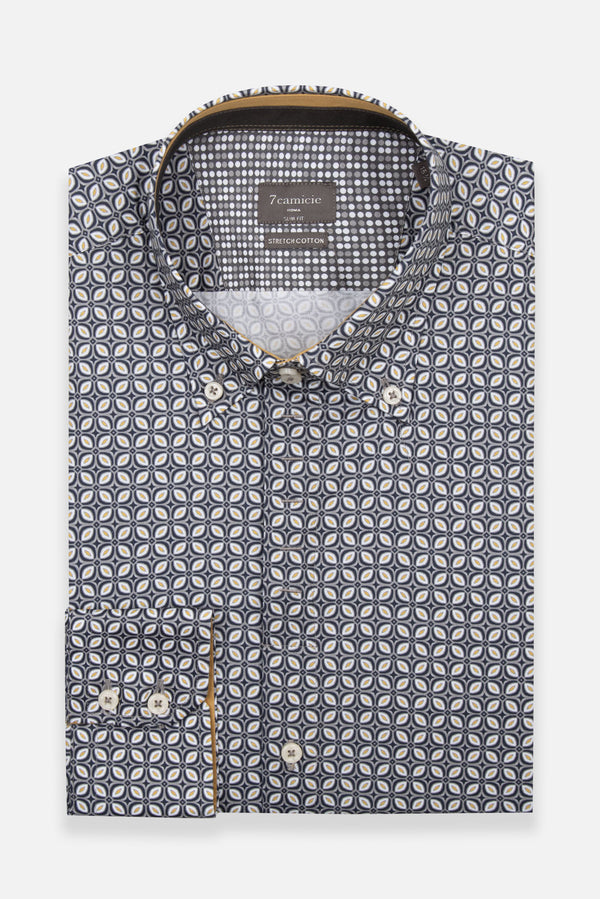 Camicia Uomo Roma Iconic Popelin Stretch Grigio Chiaro Blu