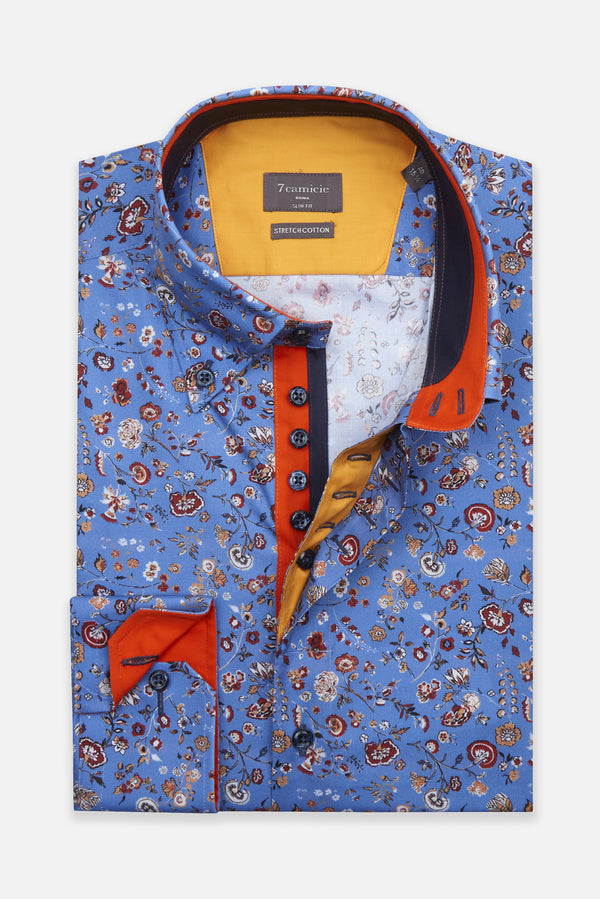 Camisa Hombre Roma Iconic Popelin Stretch Azul Naranja