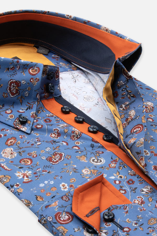 Camisa Hombre Roma Iconic Popelin Stretch Azul Naranja