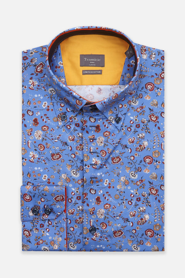 Camisa Hombre Roma Iconic Popelin Stretch Azul Naranja