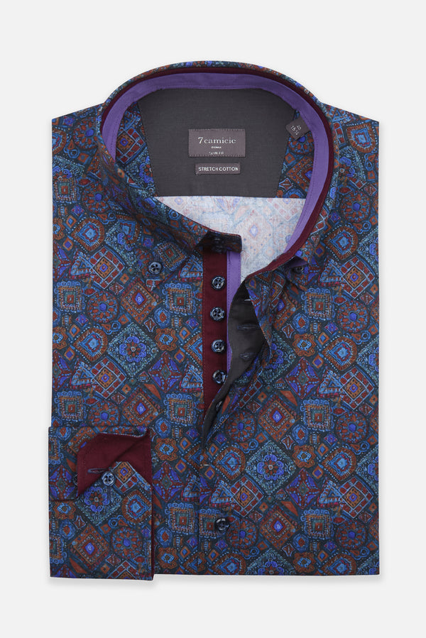 Camisa Hombre Roma Iconic Popelin Stretch Azul Naranja