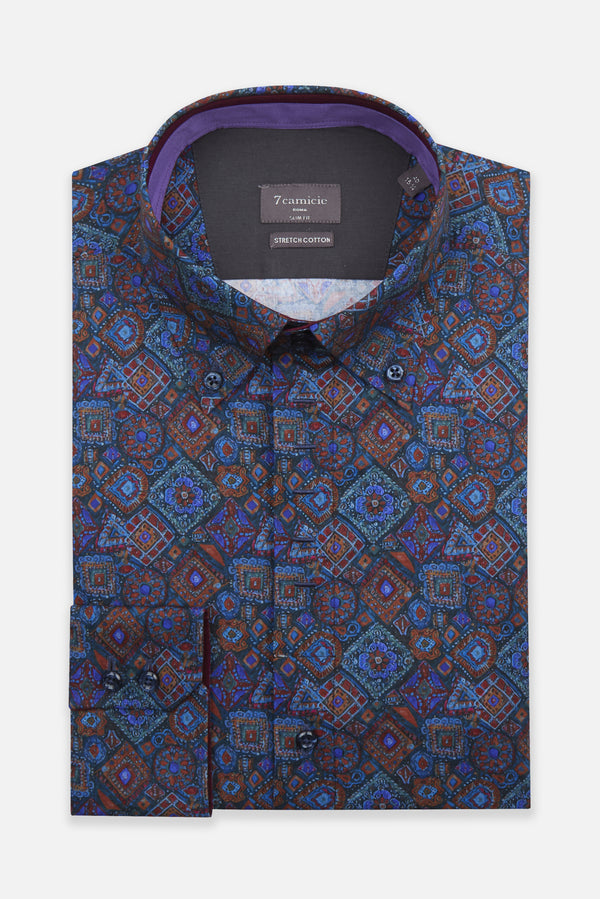 Camisa Hombre Roma Iconic Popelin Stretch Azul Naranja