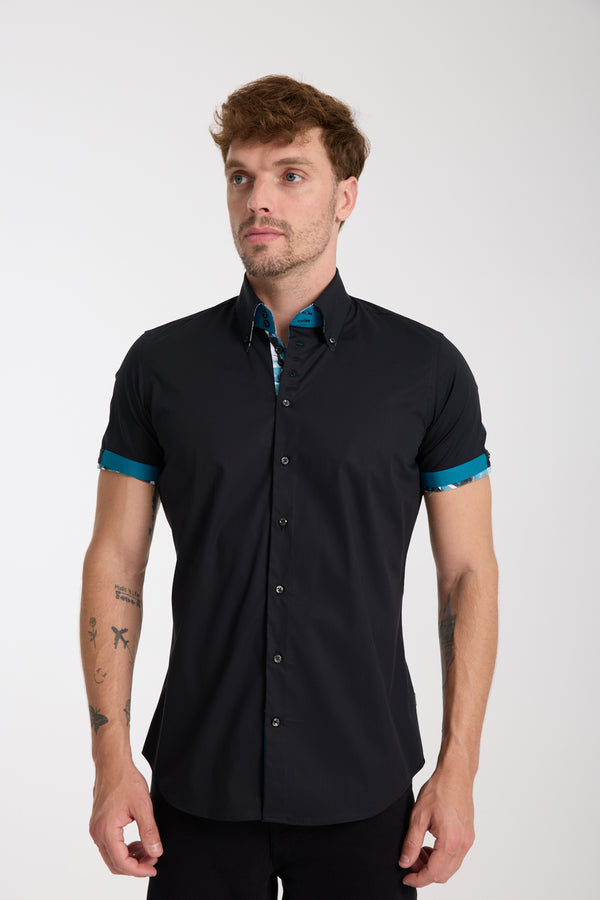 Roma Iconic Poplin Stretch Man Shirt Short Sleeve Black