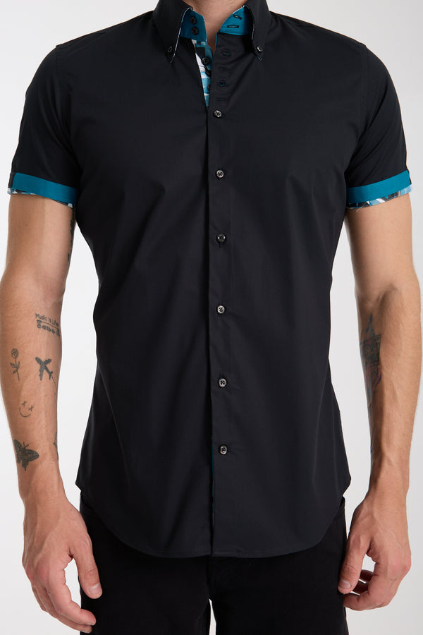 Roma Iconic Poplin Stretch Man Shirt Short Sleeve Black