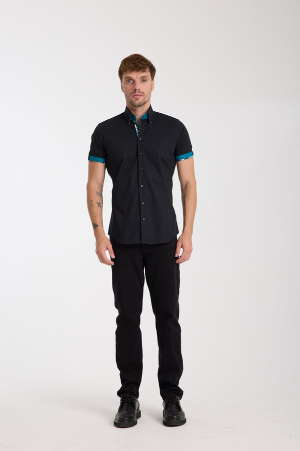 Roma Iconic Poplin Stretch Man Shirt Short Sleeve Black