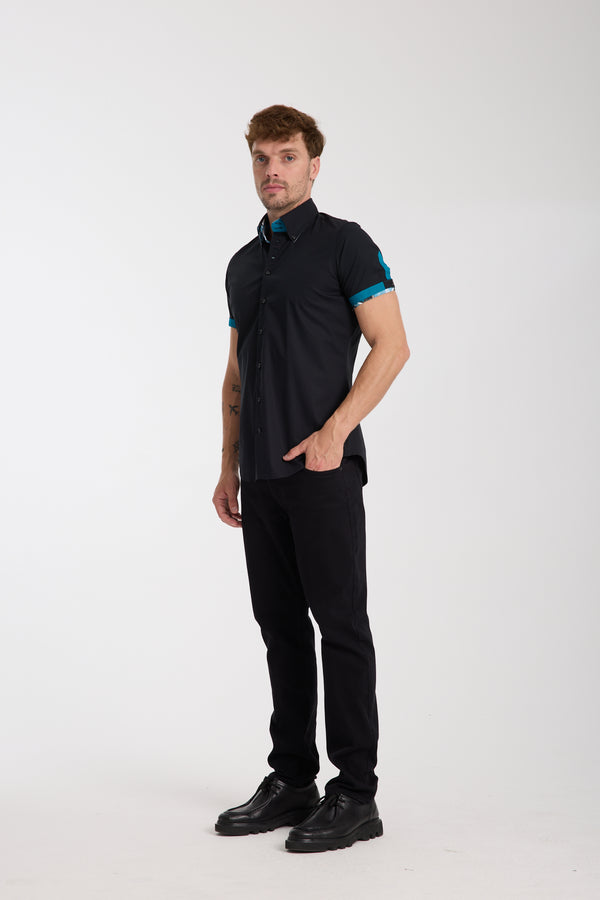 Roma Iconic Poplin Stretch Man Shirt Short Sleeve Black