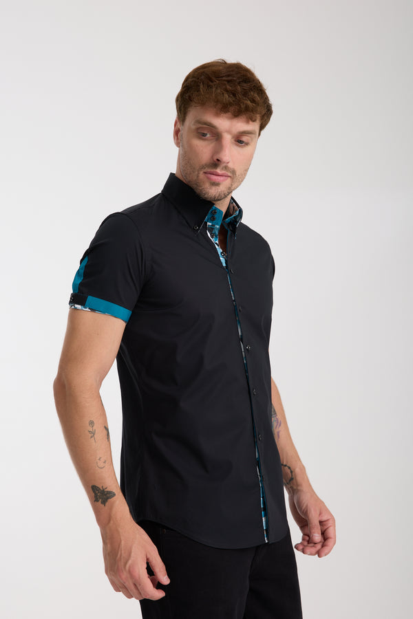 Roma Iconic Poplin Stretch Man Shirt Short Sleeve Black