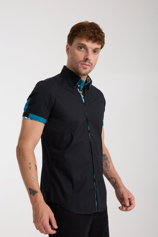 Roma Iconic Poplin Stretch Man Shirt Short Sleeve Black