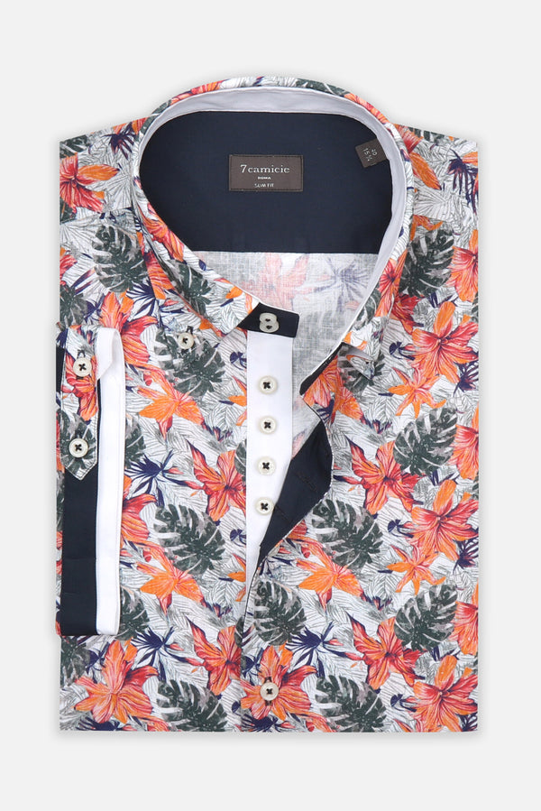 Chemise Homme Manche Courte Roma Iconic Lin Blanc Orange