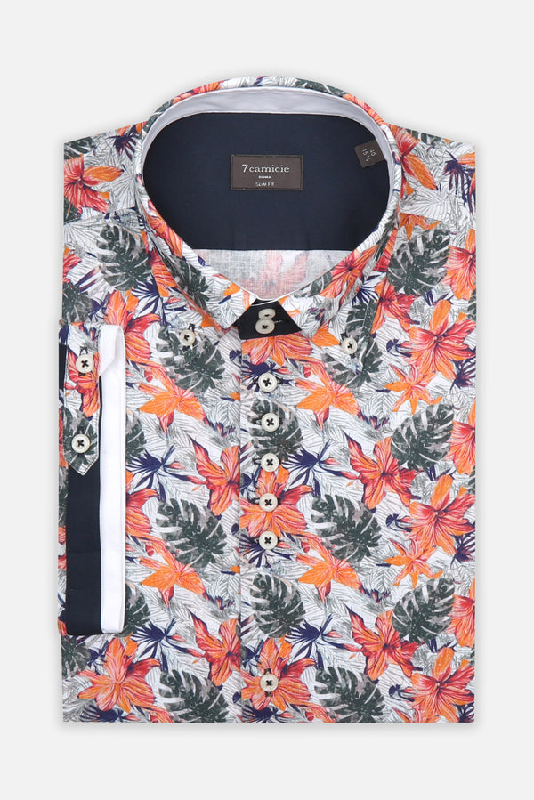 Chemise Homme Manche Courte Roma Iconic Lin Blanc Orange