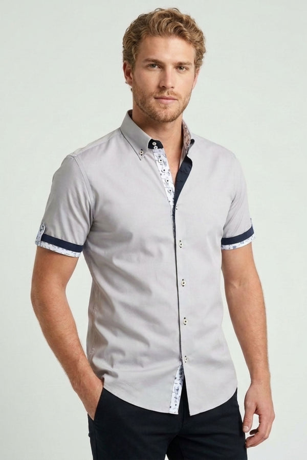 Camisa Hombre Manga corta Roma Iconic Popelin Stretch Gris