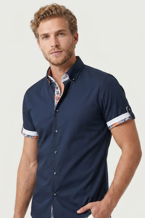 Camisa Hombre Manga corta Roma Iconic Popelin Stretch Azul