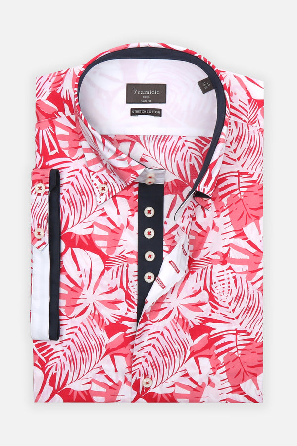 Camisa Hombre Manga corta Roma Iconic Popelin Stretch Blanco Rojo