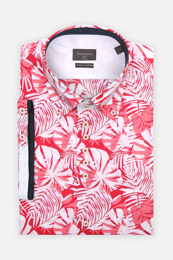 Camisa Hombre Manga corta Roma Iconic Popelin Stretch Blanco Rojo