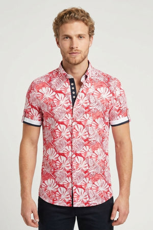 Roma Iconic Herren Hemd Kurzarm Poplin Stretch Weiss Rot