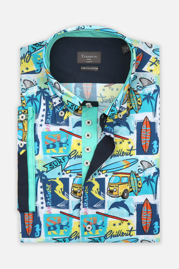 Camisa Hombre Manga corta Roma Iconic Popelin Stretch Blanco Azul Claro