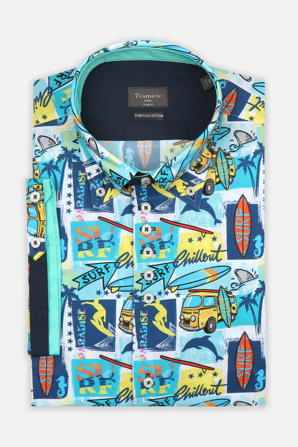 Camisa Hombre Manga corta Roma Iconic Popelin Stretch Blanco Azul Claro