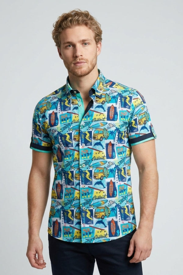 Camisa Hombre Manga corta Roma Iconic Popelin Stretch Blanco Azul Claro