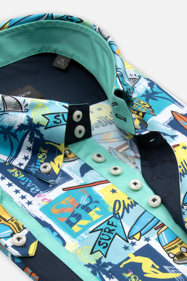 Camisa Hombre Manga corta Roma Iconic Popelin Stretch Blanco Azul Claro