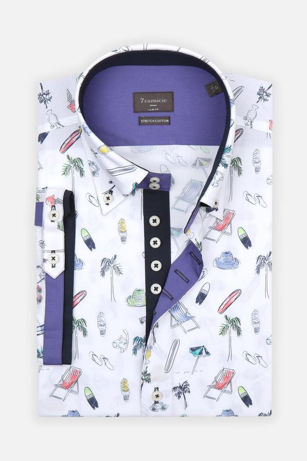 Camisa Hombre Manga corta Roma Iconic Popelin Stretch Blanco Azul