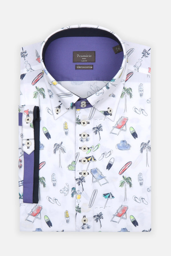 Camisa Hombre Manga corta Roma Iconic Popelin Stretch Blanco Azul