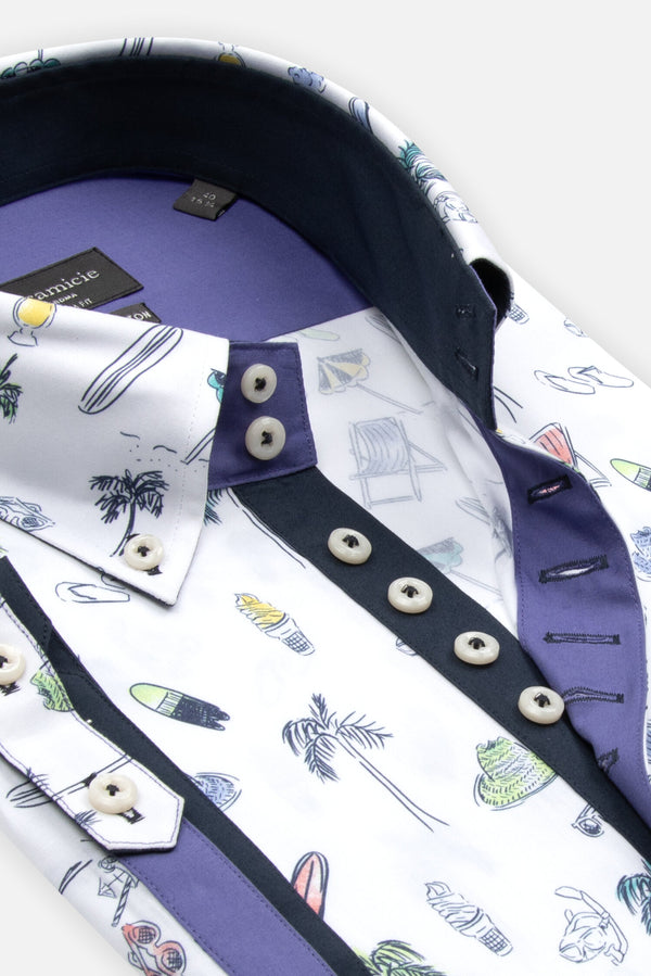 Camisa Hombre Manga corta Roma Iconic Popelin Stretch Blanco Azul