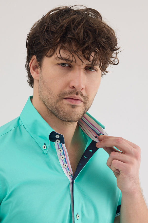 Camicia Uomo Manica Corta Roma Iconic Popelin Stretch Verde