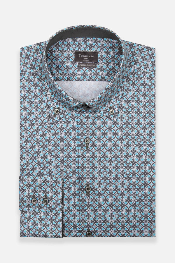 Roma Sport Poplin Stretch Man Shirt Grey Light Blue