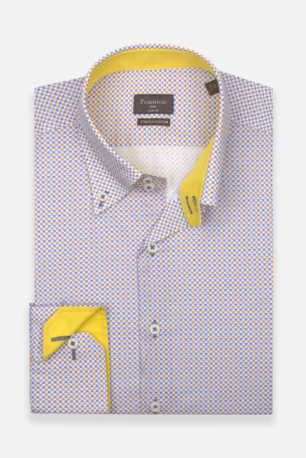 Camicia Uomo Roma Sport Popelin Stretch Blu Giallo