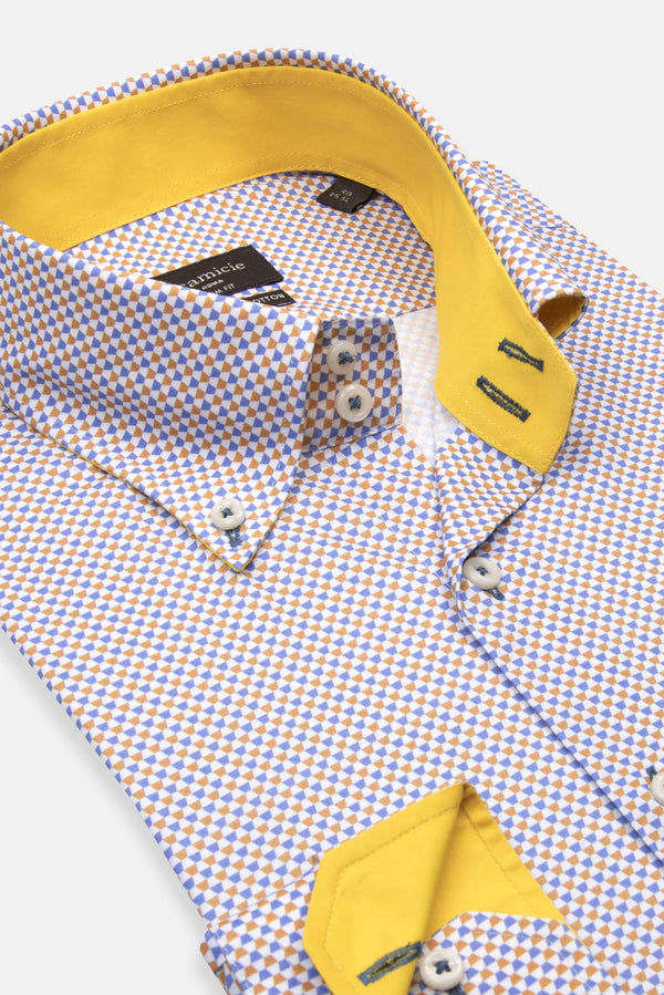 Camicia Uomo Roma Sport Popelin Stretch Blu Giallo